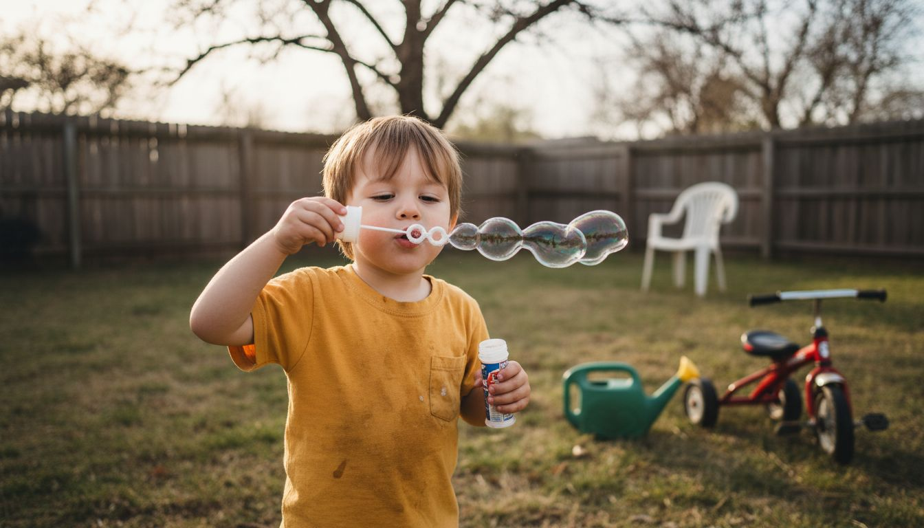 Child playing in backyard with bubbles