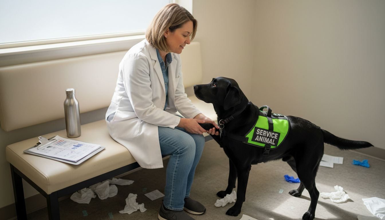Scientist interacting with service dog in clinic