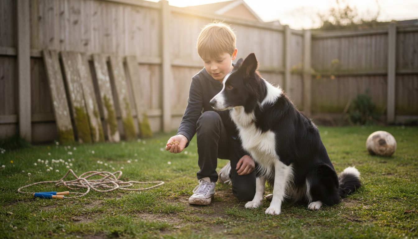 Child training dog in backyard session
