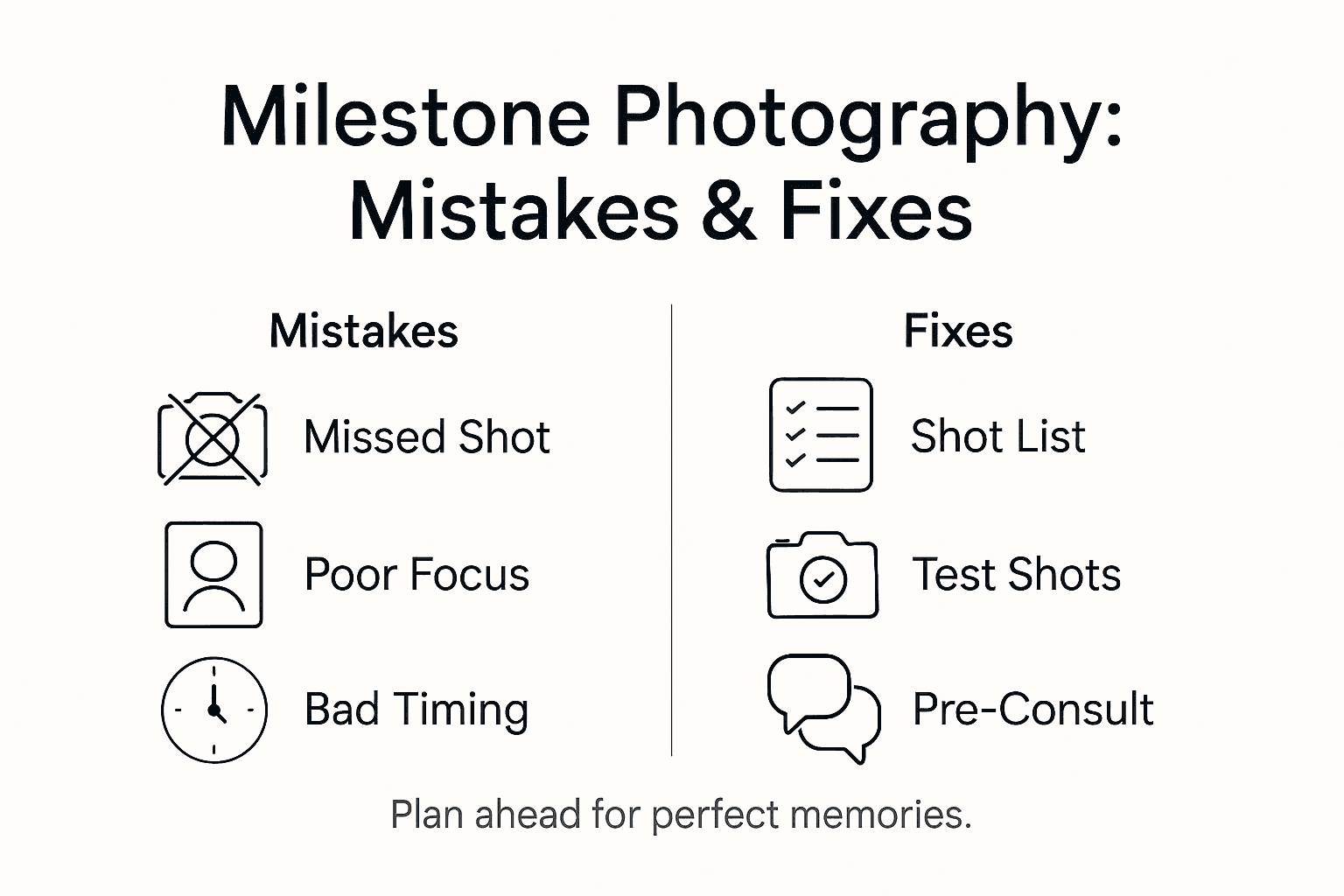 Infographic of milestone photography mistakes and solutions
