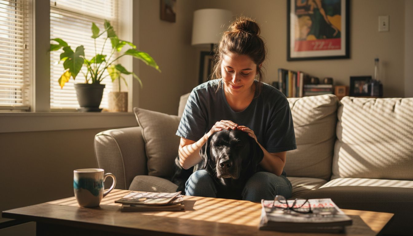 Woman comforting with emotional support dog at home