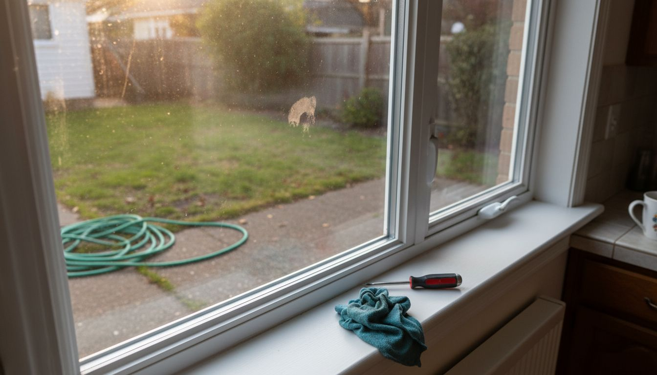 Close-up of window frame and glass materials