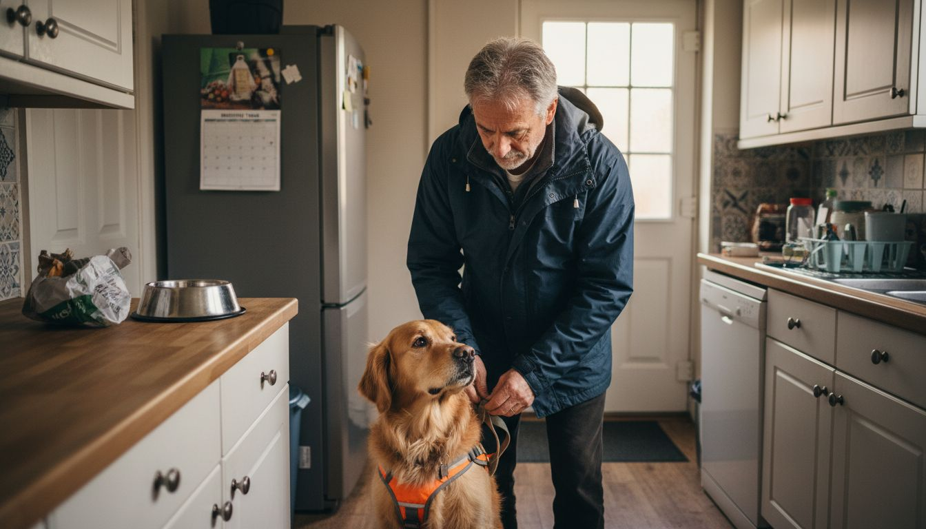 Man fitting reflective harness on dog