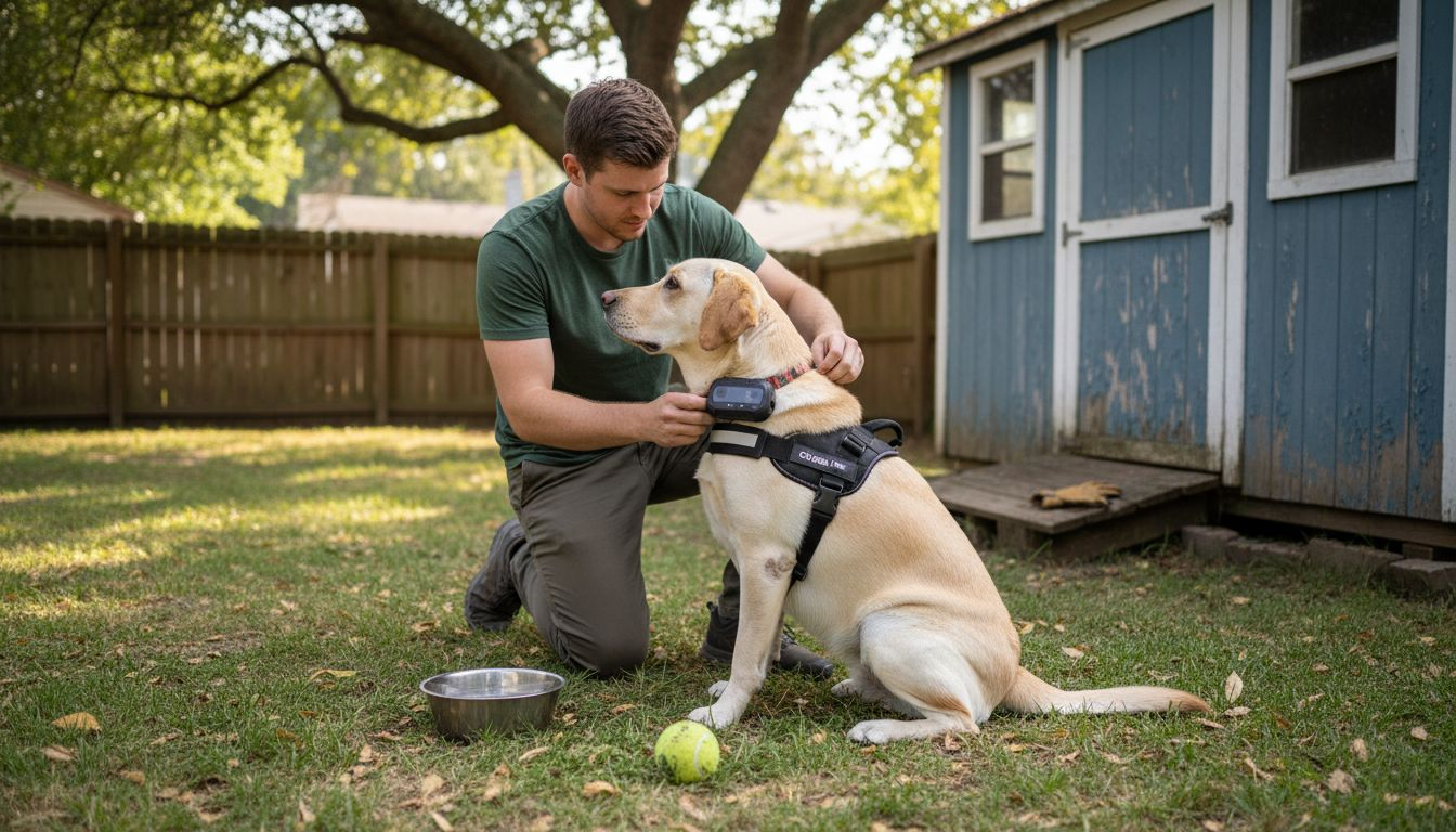 Handler attaching alert device to dog harness