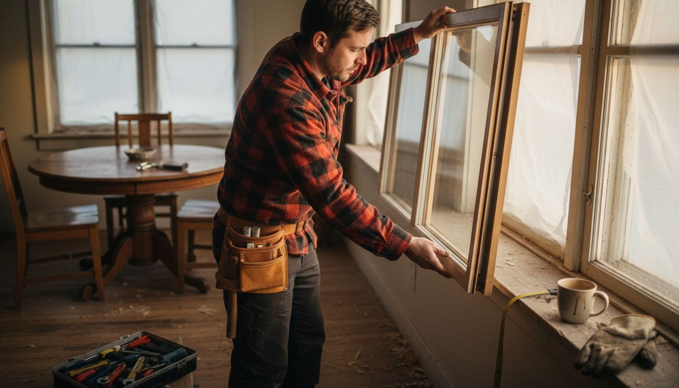 Installer fitting double glazed window indoors