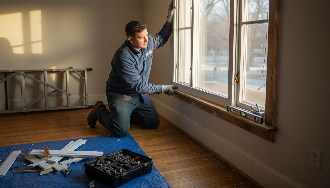 Installer fitting window frame Massachusetts home