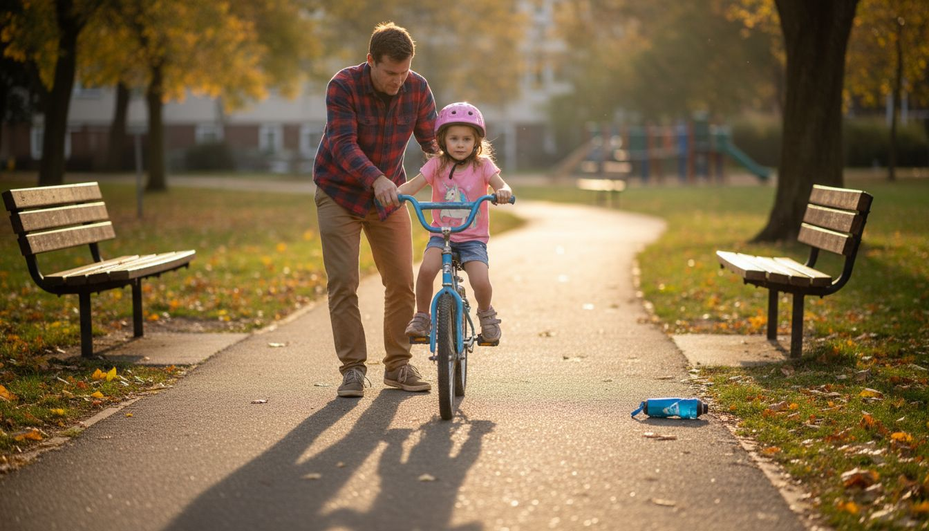 Father steadying daughter biking at golden hour