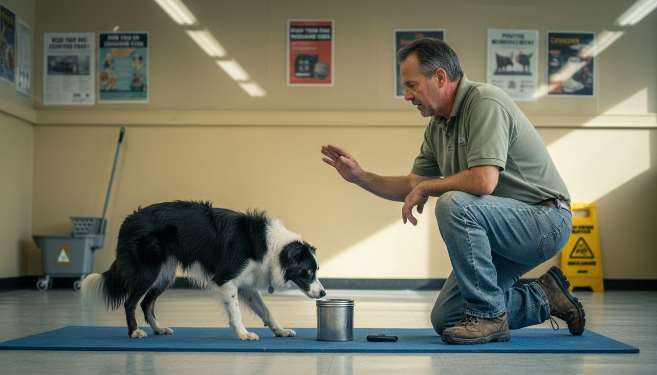 Trainer working on scent detection with alert dog