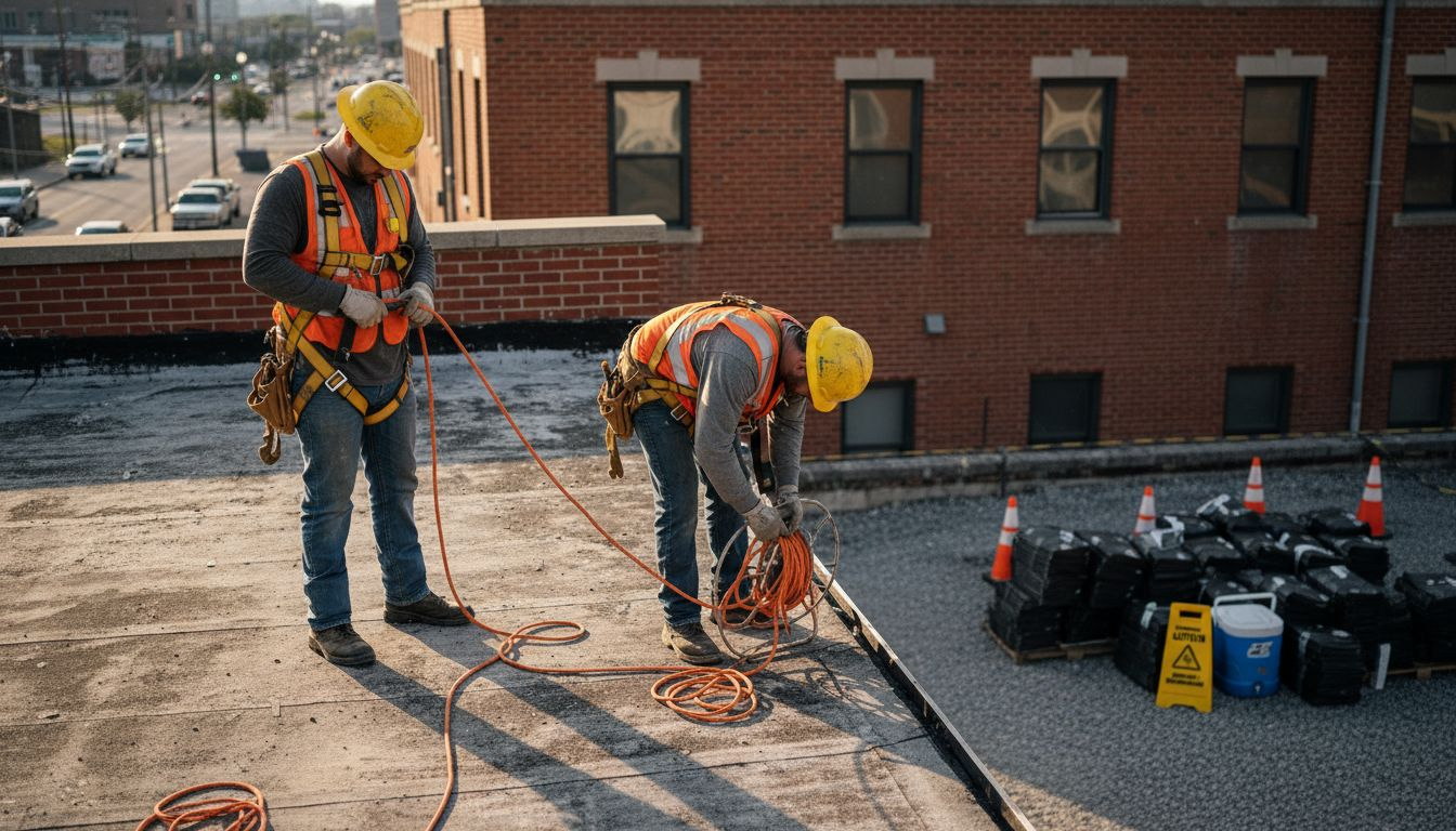 Roofers preparing safety gear before work