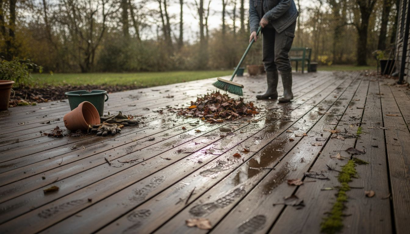 Sweeping autumn debris from home deck