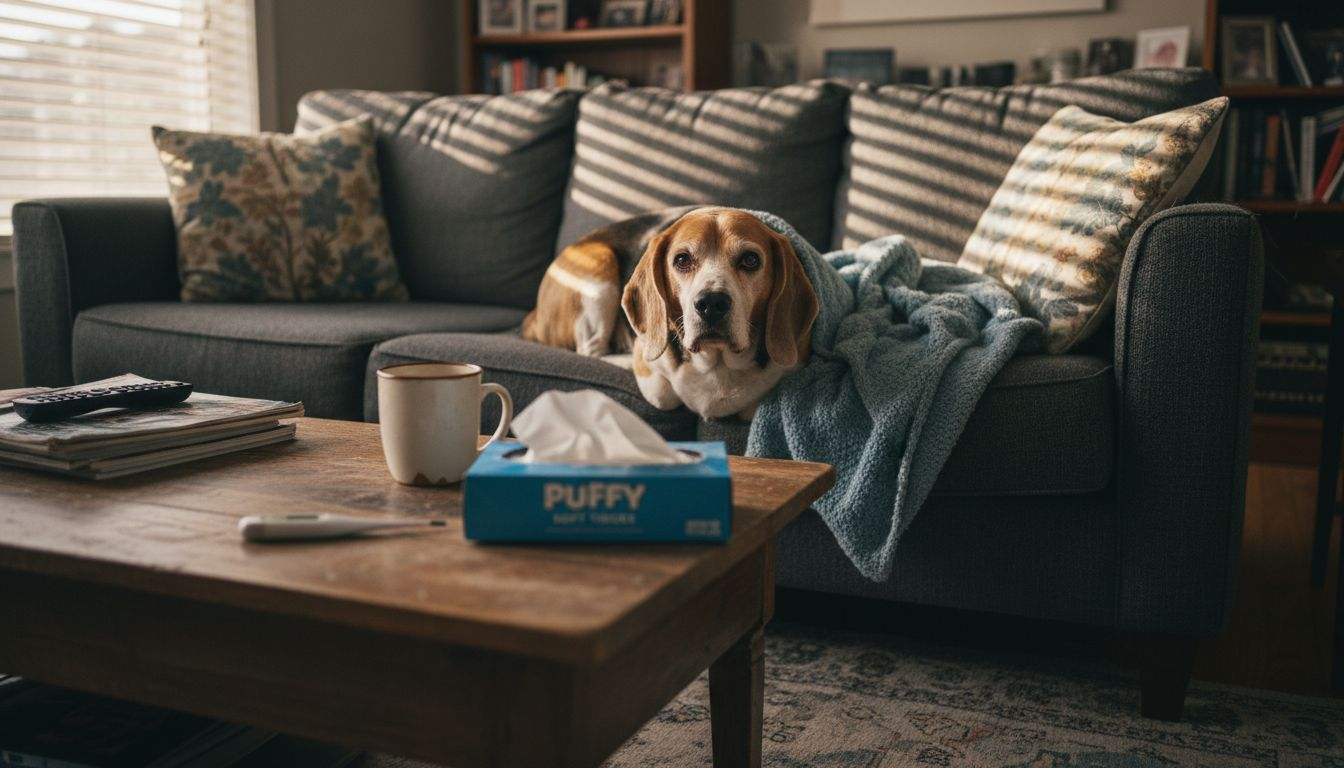Beagle showing physical illness symptoms at home