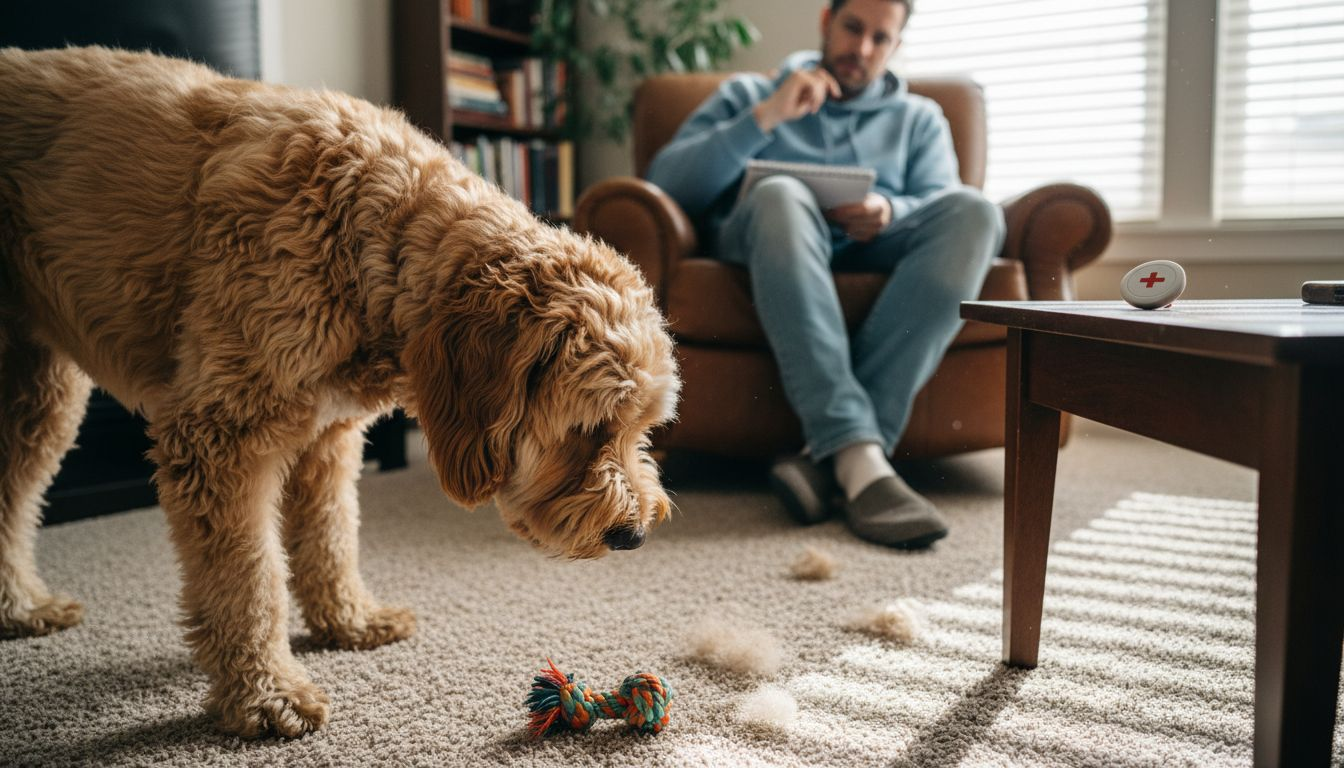 Dog investigating wearable alert device at home