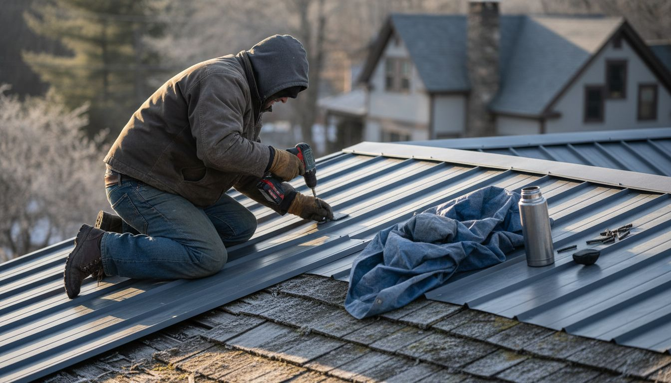 Worker installing metal roof on frosty morning