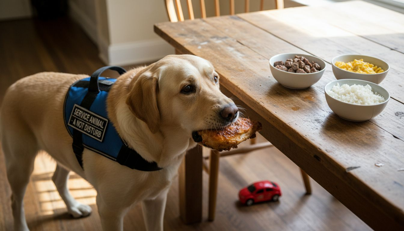 Service dog eating protein-rich food at table