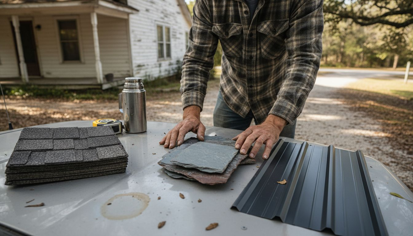 Roofing contractor reviews material samples outdoors
