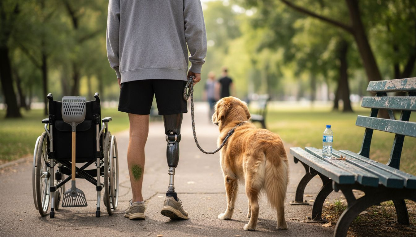 Man with prosthetic leg uses adaptive pet gear