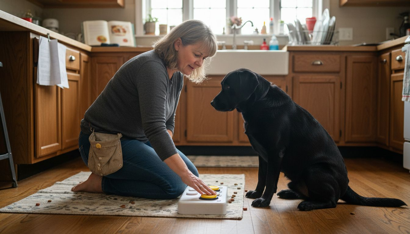 Woman shows dog how to use training button