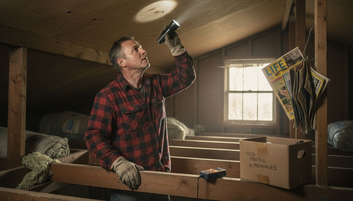 Man examining attic for roof leaks