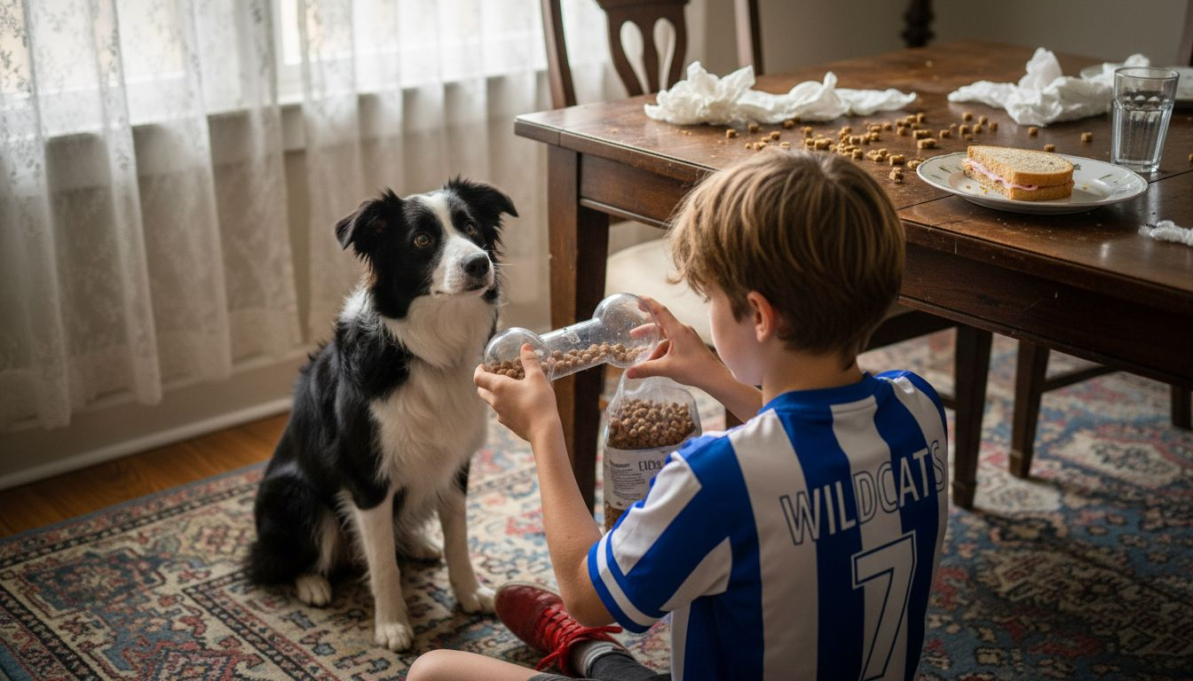 Boy trains dog using treat dispenser