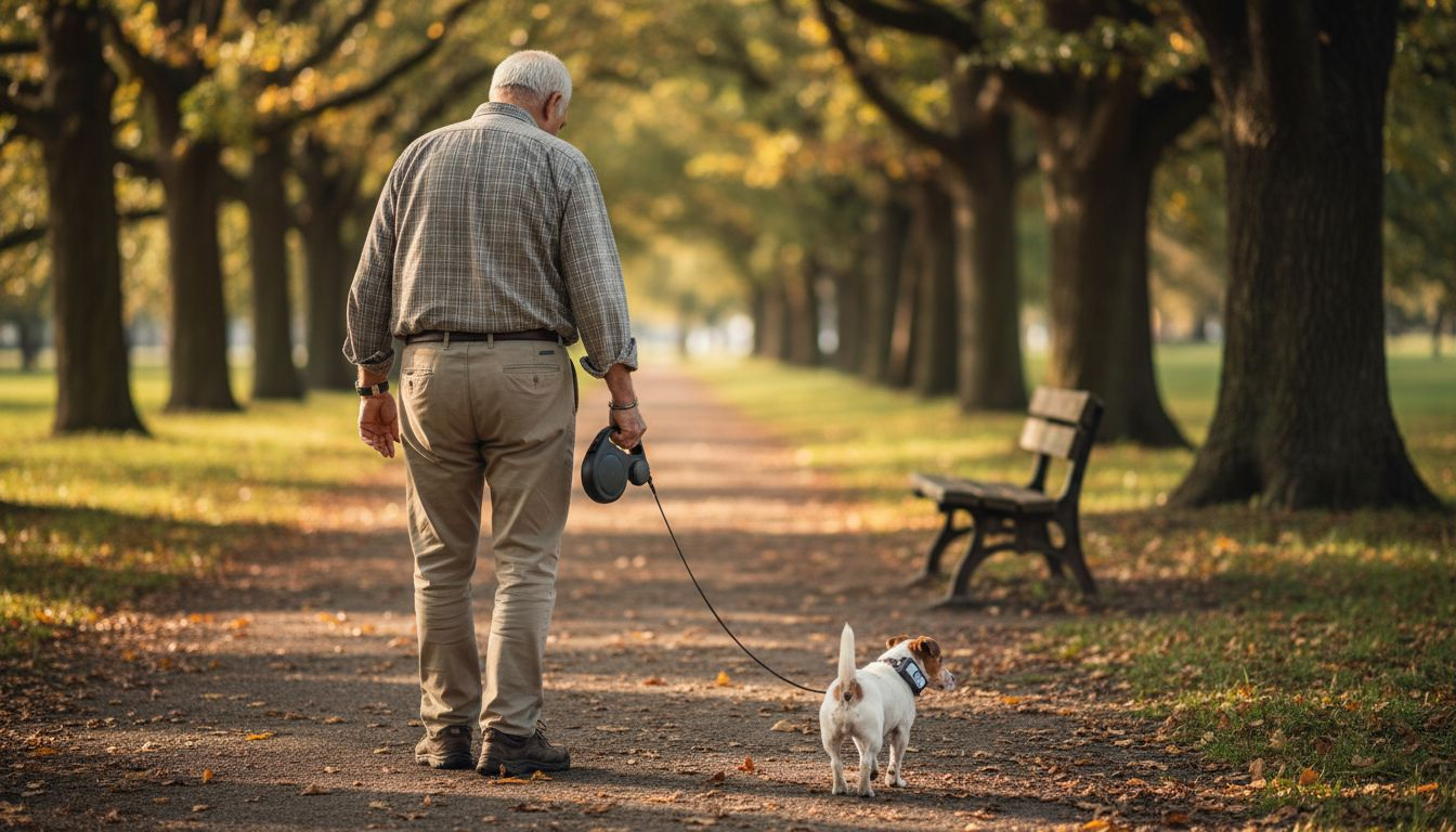 Senior man walking dog with smart collar
