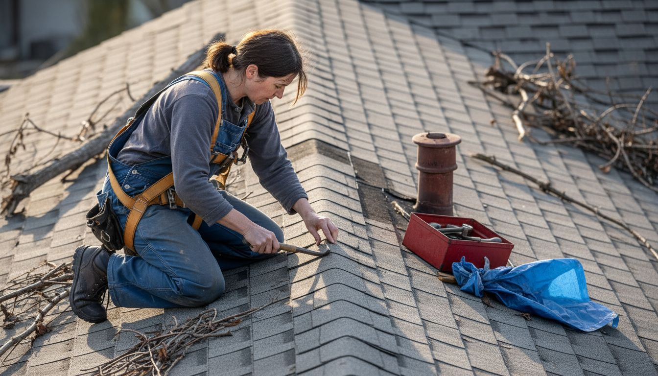 Contractor checking wind-damaged roof shingles
