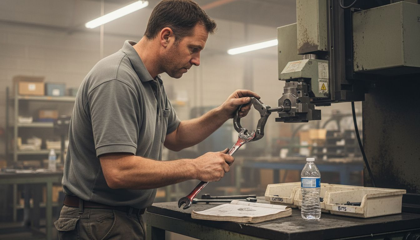 Technician setting CNC jig for firearm parts