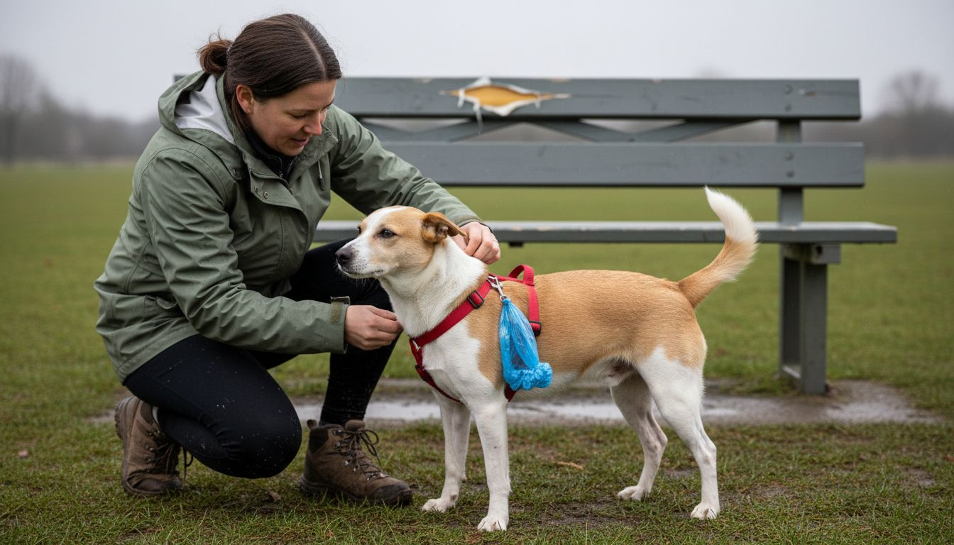 Dog owner fitting harness in park