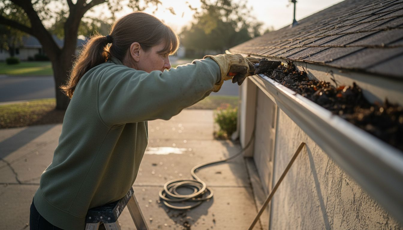Woman inspecting a clogged gutter