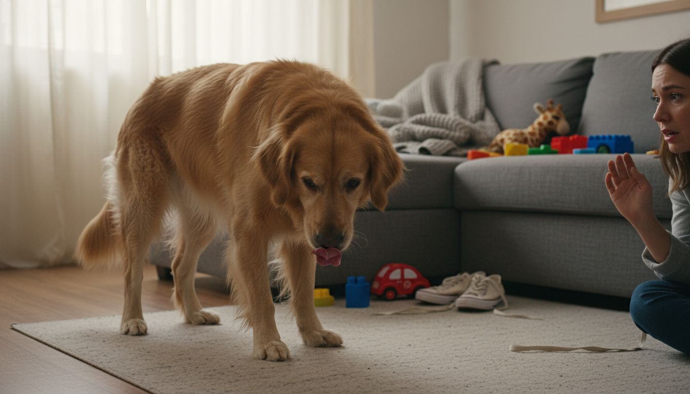 Dog showing pain body language in home