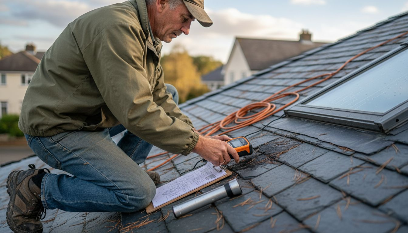 Roof inspector uses tools on Massachusetts roof