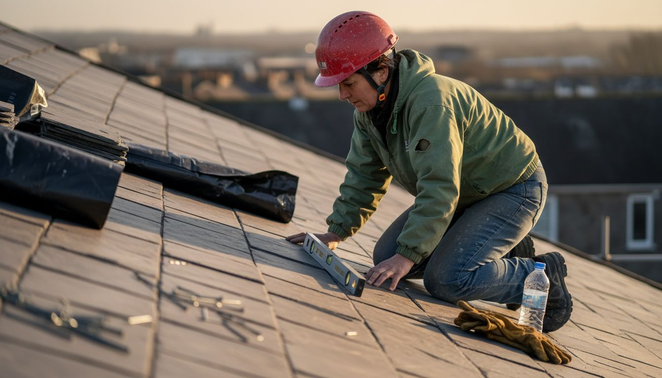 Roofer inspecting slate rooftop for repairs