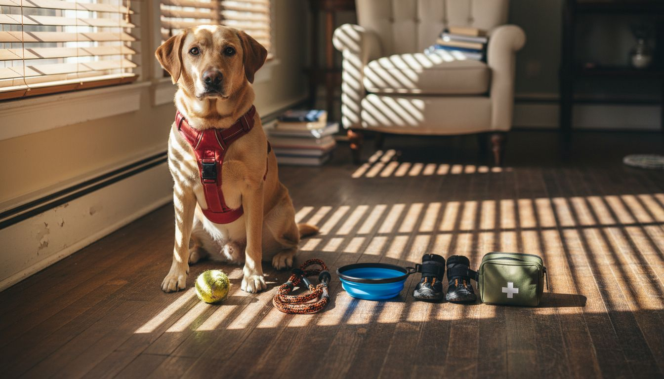 Dog next to essential travel gear in home