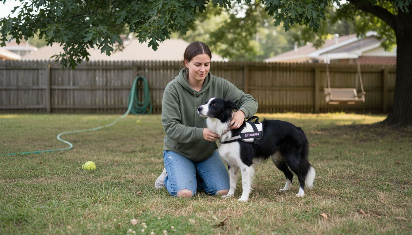 Woman adjusting medical dog tracking harness