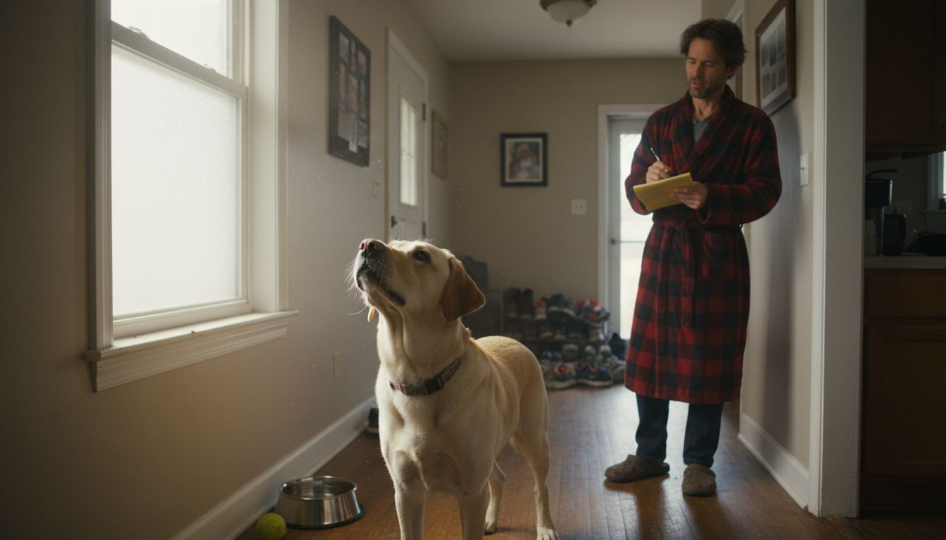 Dog showing sensory alert in house hallway