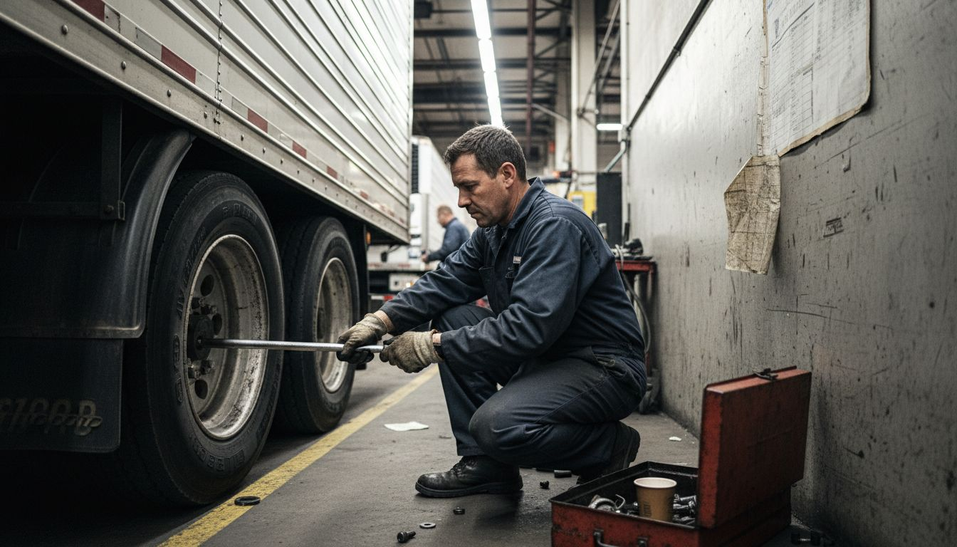 Mechanic performing trailer wheel maintenance