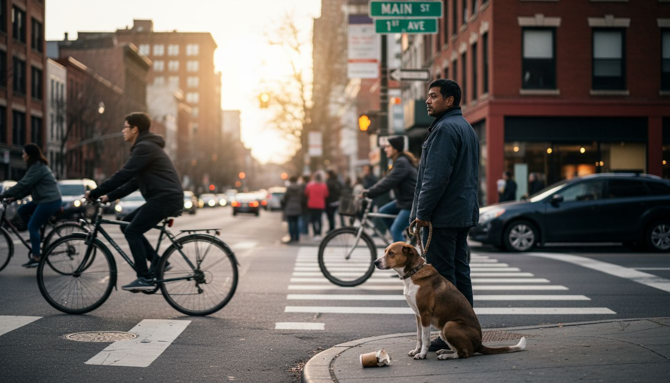 Dog and owner pause at urban crosswalk