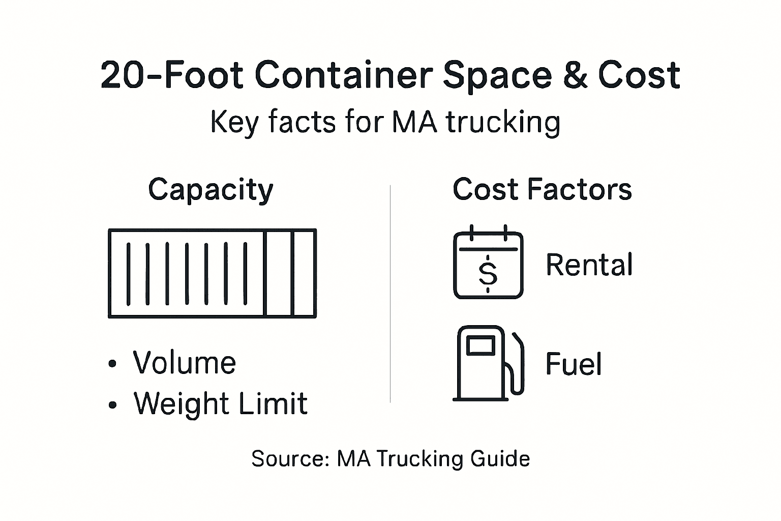 Infographic showing 20-foot container space, cost