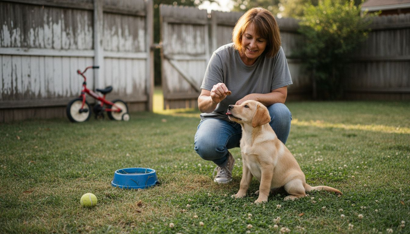 Woman kneeling with puppy in backyard training