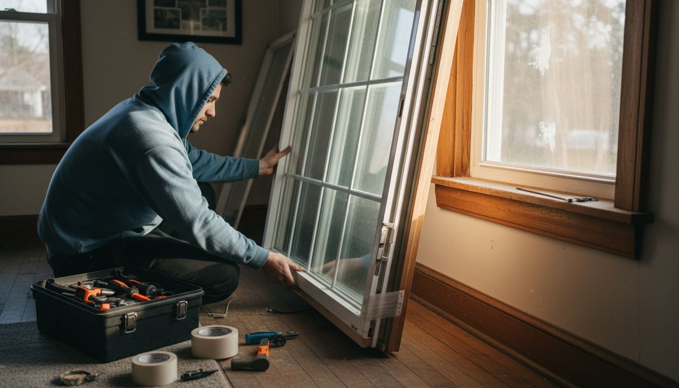 Installer fitting triple-pane window unit indoors