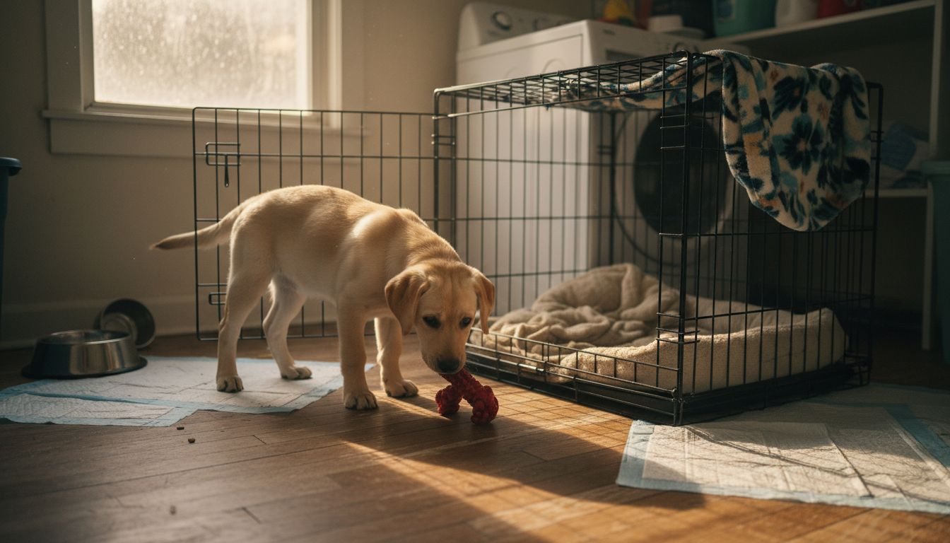 Puppy exploring crate for housebreaking
