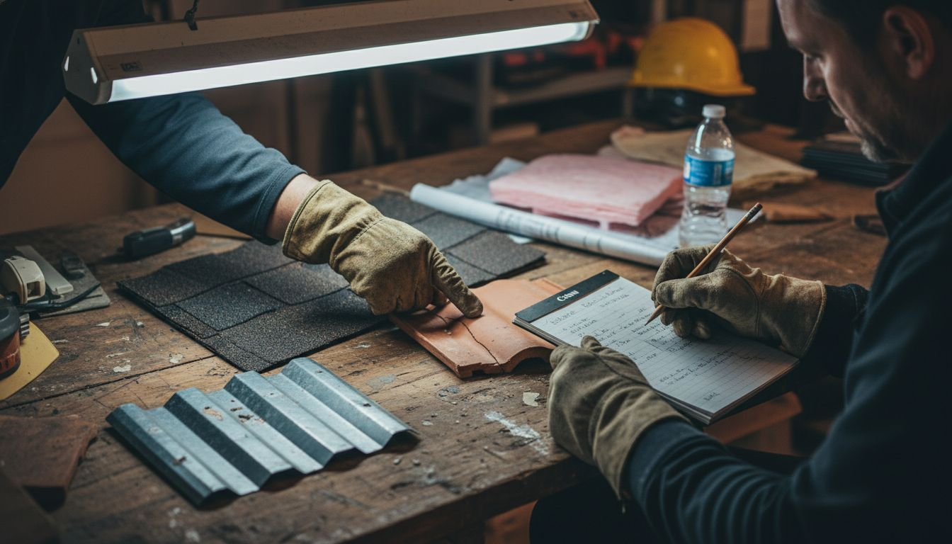 Workers comparing several roofing material samples