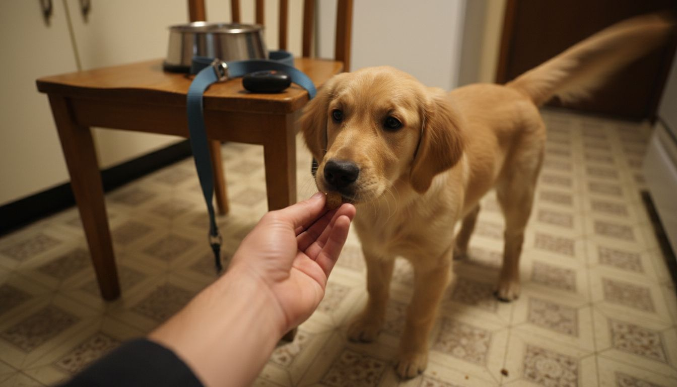 Trainer rewarding puppy using treat