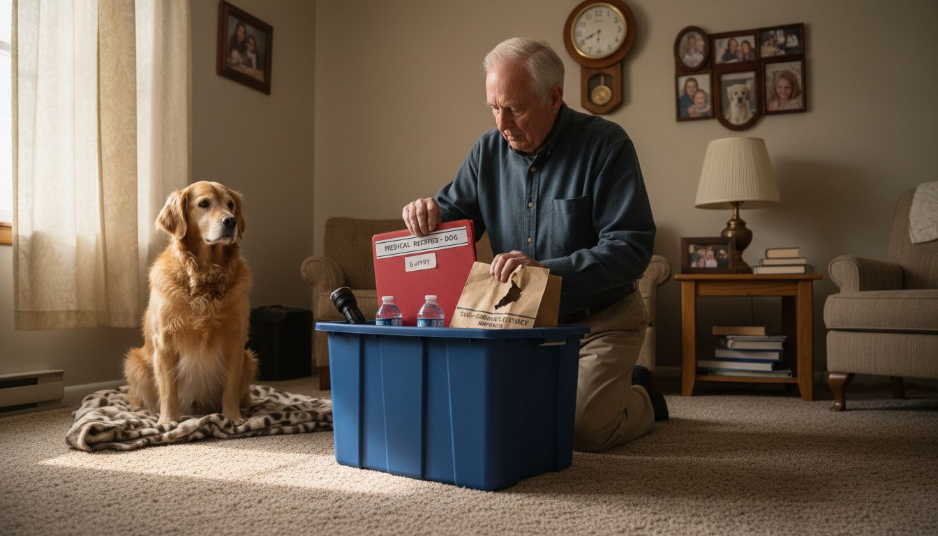 Owner organizes dog's safety supplies at home