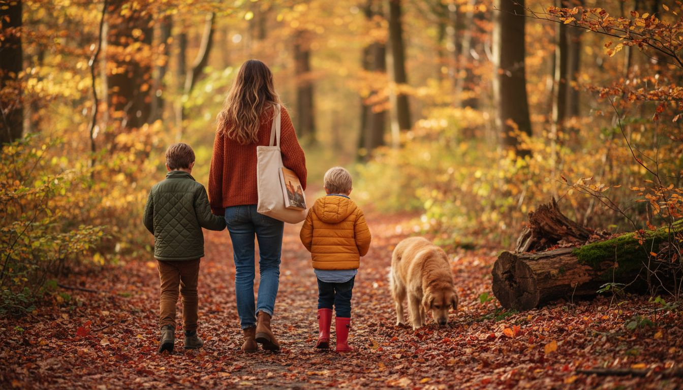 Family in fall colors walking woodland trail
