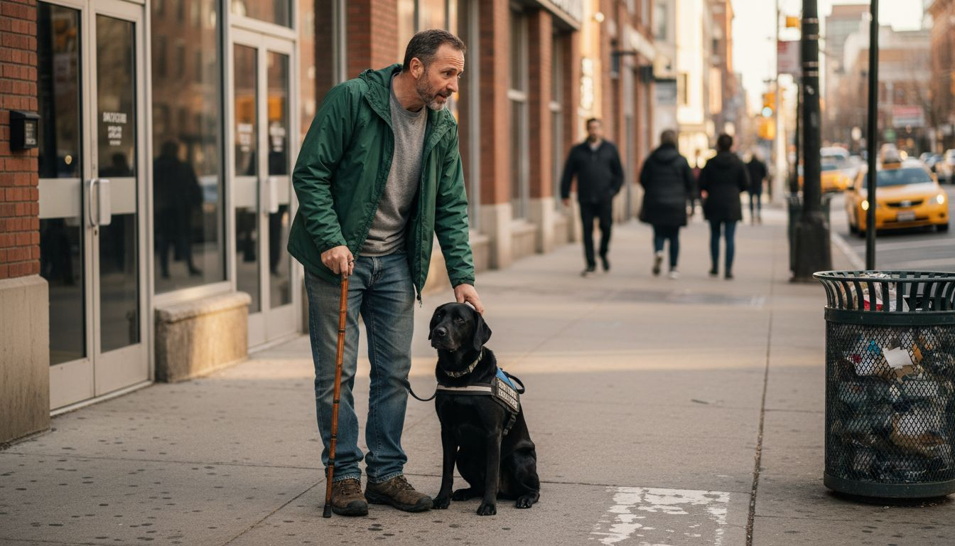 Service dog handler managing social encounter outdoors