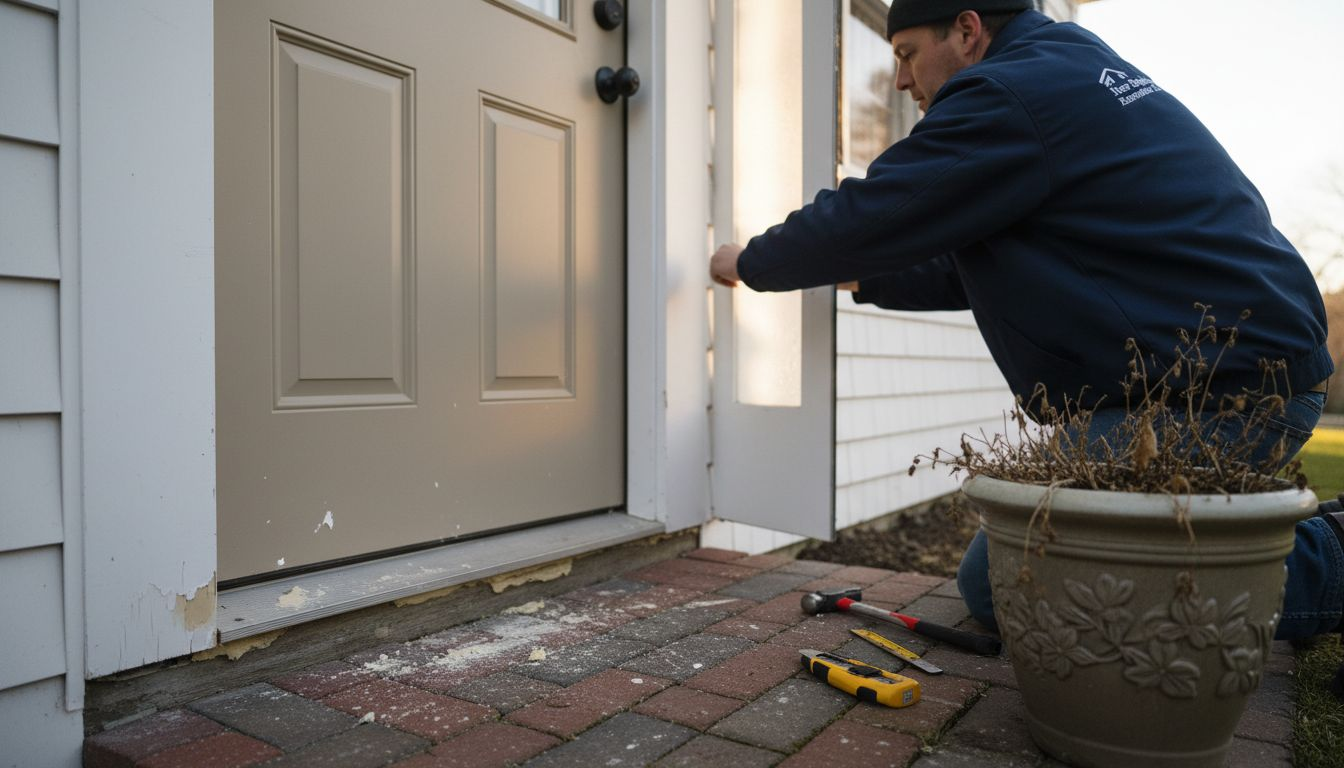 Contractor installing fiberglass entry door