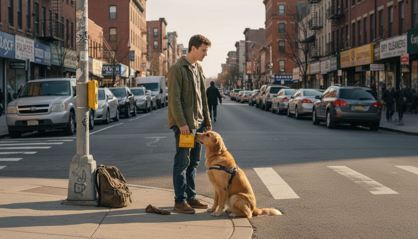 Guide dog and handler at crosswalk crossing