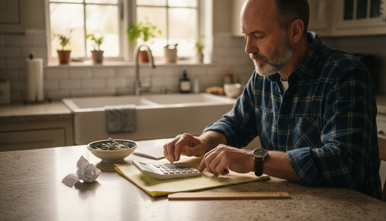 Homeowner calculating construction budget at kitchen counter