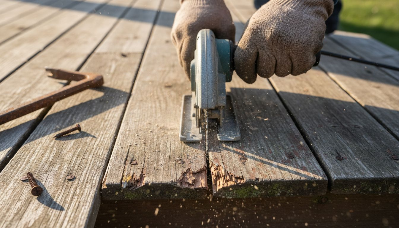 Hands removing damaged deck board with tools