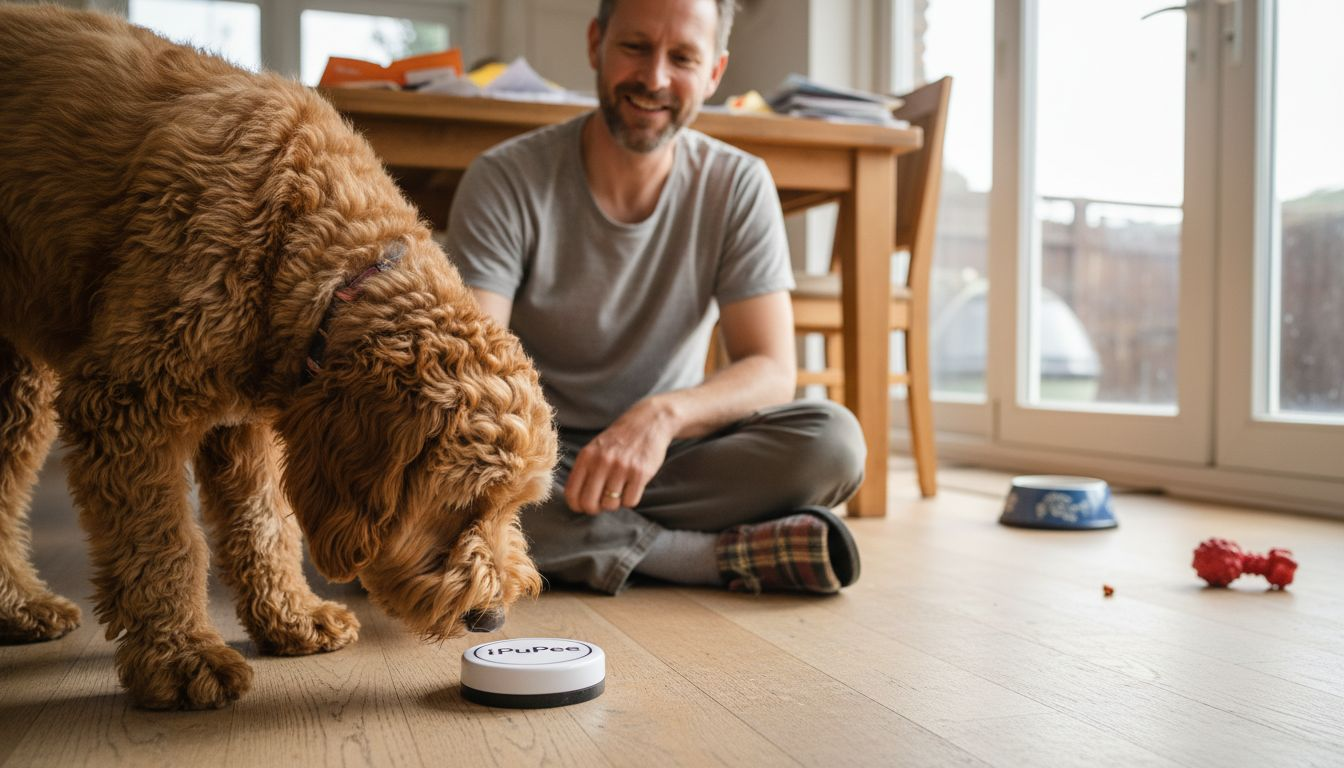 Dog exploring iPupPee device with owner